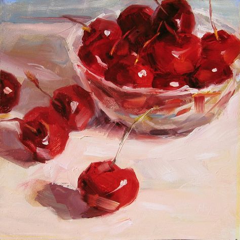 Hye Y Coh   OIL Cherries Painting, Bowl Of Cherries, Watercolor Fruit, Blue Aesthetic Pastel, Artist Sketchbook, Fruit Painting, A Level Art, Still Life Art, Painting Lessons