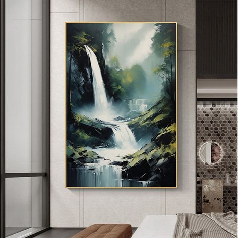 Green Landscape Painting, Abstract Waterfall, Waterfall Painting, Painting Gifts, Waterfall Paintings, Mountain Painting, Painting Living Room, Canvas Drawings, Textured Painting