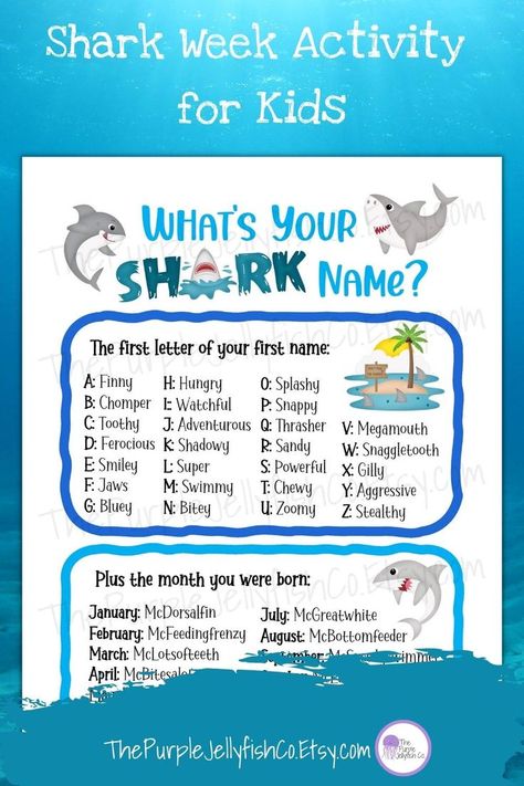 Looking for a fun shark week activity for kids? Need a shark birthday party idea? This printable shark name generator is for you! Perfect as a shark week activity, a shark party game or an entertaining shark decoration! Instant download. Shark Printables, Shark Names, Shark Sign, Shark Activities, Shark Week Party, Shark Games, Origami Paper Flowers, Shark Themed Party, Name Game