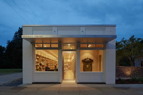 "A group of dedicated community leaders approached Rural Studio about building a small library in downtown Newbern. Within the town's rural context, they understood that the library could become a social center, providing such resources as after-school programming, computer access, and the first public internet point in the community. The Old Bank Building, part of Newbern's historic downtown, was donated by a local family to house the new library." Rural Studio, Storefront Design, Library Architecture, Banks Building, Building Renovation, Ipoh, Small Buildings, Adaptive Reuse, Architecture Student