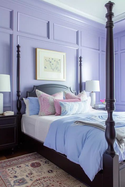 25 Chic Blue and Purple Bedroom Ideas for a Unique Sleep Space - Roomy Retreat Blue And Purple Bedroom Ideas, Blue Purple Bedroom, Purple And Blue Room, Purple Bedroom Aesthetic, Blue And Purple Bedroom, Light Purple Walls, Purple Bedroom Ideas, Purple Bedspread, Camera Studio