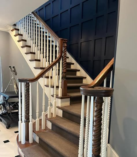 Stairway with Black Board and Batten Accent Wall Staircase Wall Board And Batten, Accent Wall Ideas Stairs, Stairway Wall Design Ideas, Black Stairway Wall, Wainscotting Ideas Stairway, Black Accent Wall Stairway, Black Accent Wall Stairwell, Black Staircase Wall, Stairwell Wainscoting Ideas