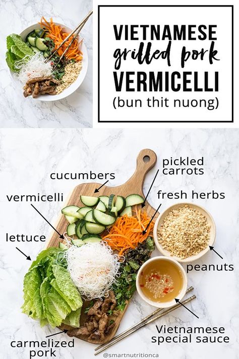 Vietnamese Grilled Pork Vermicelli - Make your restaurant favourite (Bun Thit Nuong) right at home! Carmelized pork, pickled carrots, fresh herbs, crunchy veggies, salty peanuts, & my Vietnamese Special Sauce = an explosion of flavour! #bunthitnuong #vietnamesefood#noodlebowl #buddhabowl #nourishbowl #takeoutfakeout #glutenfree #smartnutrition Pork Vermicelli, Bun Thit Nuong, Thit Nuong Recipe, Vietnamese Grilled Pork, Vermicelli Recipes, Crunchy Veggies, Pickled Carrots, Special Sauce, Asian Flavors