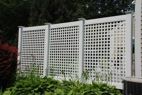 lattice fence panels Gravel Terrace, Garden Screening Ideas, Garden Reference, Lattice Fence Panels, Screening Ideas, Hedges Landscaping, Side Gate, Garden Gates And Fencing, Ac Cover