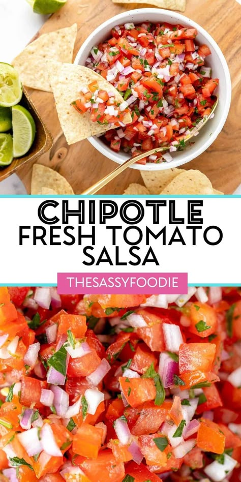 This fresh tomato salsa is a Chipotle copycat recipe that could not be easier to make at home. Fresh produce and minimal ingredients make for the most delicious, bright salsa that is perfect for dipping tortilla chips, or serving on homemade flautas or bang bang chicken tacos. The best part is you only need 4 ingredients, and 5 minutes to prepare! Chipotle Tomato Salsa Recipe, Homemade Chipotle Salsa, Chopped Salsa Recipe, Chipotle Fresh Tomato Salsa, What To Eat With Salsa Besides Chips, Chipotle Copycat Salsa, Chipotle Mild Salsa Recipe, Chipotle Tomatillo Salsa Recipe, Chipotle Bowls At Home Recipe