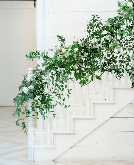 Staircase Greenery, Staircase Florals, Greenery Installation, Wedding Stairs, Wedding Staircase, White Barn Wedding, Green And White Wedding, Classic Romantic Wedding, Floral Installation