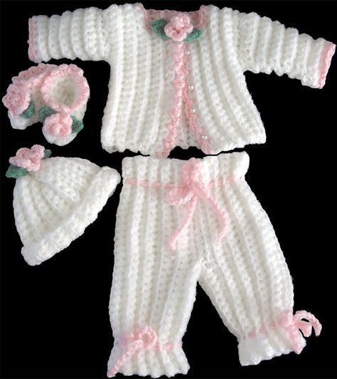 Rosella Baby Layette Crochet Pattern PDF Romper Pattern Free, Baby Romper Pattern Free, Crochet Baby Pants, Preemie Crochet, Baby Romper Pattern, Pull Bebe, Baby Layette, Knitted Baby Clothes, Layette Set