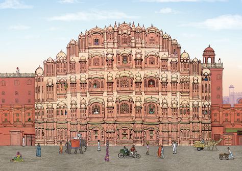 Hawa Mahal Indian Palace - Sven Shaw illustration and hand lettering Indian Palace Illustration, Hawa Mahal Illustration, Jaipur Illustration, Indian Palace, A Levels, Ravi Varma, Hawa Mahal, Art Optical, Watercolor Architecture