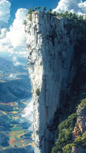 ↑↑↑ Larger size on website 🔸 A towering, sheer cliff face rises dramatically from a verdant valley below. The cliff is carved wit Cliff Pictures, Fire Drawings, Cliff Art, Rock Cliff, Wispy Clouds, Cliff Face, Fire Drawing, Art Final, Serene Landscape