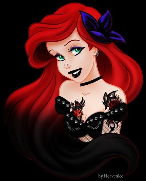 Black Ariel Sexy Punk Disney Characters, Gothic Disney Princesses, Gothic Disney, Emo Disney, Evvi Art, Goth Disney Princesses, Goth Disney, Princesas Disney Anime, Disney Punk