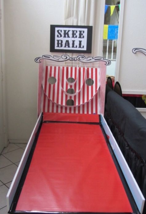 Magalie Sarnataro's props Cirque du Freak carnival  Decor details  Games Skee Ball Diy, Diy Skee Ball, Circus Party Games, Carnival Party Games, Fnaf Party, Carnival Activities, Carnival Decor, Diy Carnival Games, Homemade Carnival Games