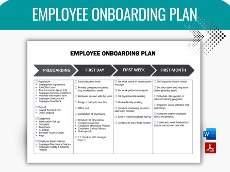 Employee Onboarding Plan, HR Forms, Welcome Packet, HR Templates, Employee Onboarding Checklist, Editable Word, Employee Onboarding Template This is a fully editable Employee Onboarding Plan to be prepared and discussed by HR to the new hire. This professional HR plan will help in fully understanding the HR processes and policies. HR department can help provide organizational structure and the ability to meet business needs by effectively managing the employee lifecycle and efficiently conduct t Hr Templates, Onboarding New Employees, New Employee Orientation, Onboarding Template, Onboarding Checklist, Hr Department, Business Strategy Management, Good Leadership Skills, Interview Guide