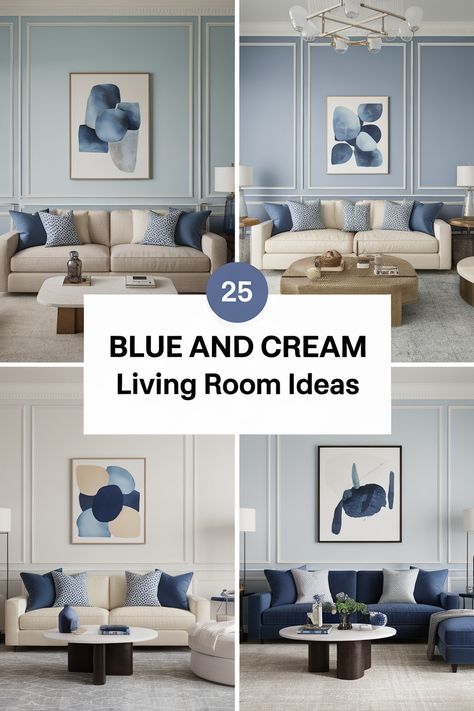 Blue and cream create a harmonious living room. Explore 25 stylish examples to see how these colors can be combined for a modern or traditional feel.  Find inspiration for your next home makeover with this timeless palette. White And Blue Modern Living Room, Beige Blue Living Room Ideas, Blue French Living Room, Blue Beige Black Living Room, Pale Blue Living Room Color Scheme, Living Room Decor Light Blue Walls, Navy Cream Living Room, Blue Grey Living Room Walls, Navy And Beige Living Room