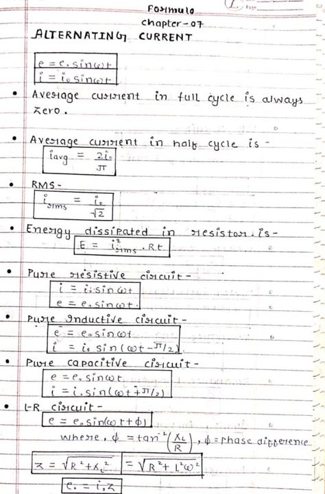 Alternating Current Notes, Current Electricity Short Notes, Thermodynamics Formulas, Alternating Current Formula Sheet, Physics Notes Ideas, Physics Flashcards, Basic Physics Formulas, Study Physics, Neet 2024