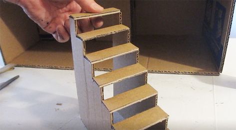 Make a Cardboard Dollhouse 7: Make the staircases Diy Barbie Staircase, Cardboard Furniture Dollhouse, Diy Dollhouse Cardboard Boxes, How To Make A Doll House With Cardboard, Diy Doll House Furniture Easy Cardboard, Diy Barbie House Cardboard, Cardboard Stairs, Cardboard Barbie House, Cardboard Dollhouse Diy