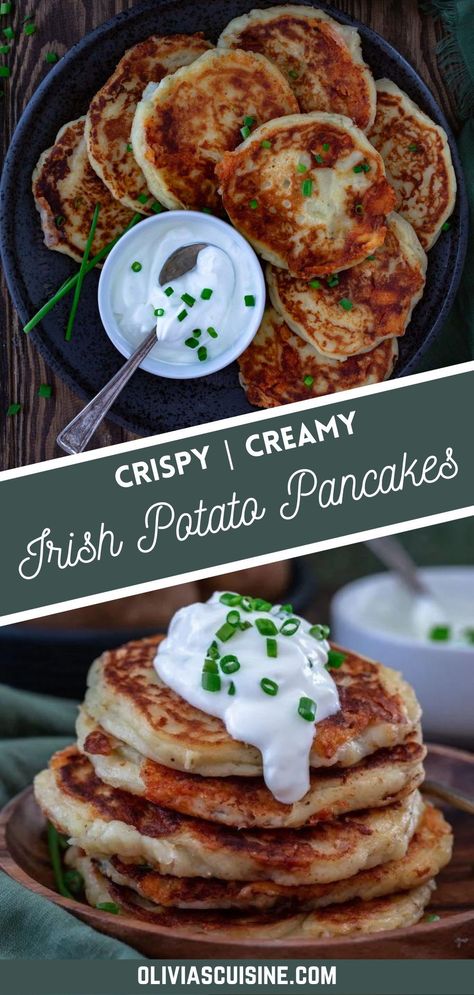 Wondering what to do with leftover mashed potatoes? This is an easy Irish recipe that has everyones two favorite things; cheese and potatoes! Boxty is the Irish version of potato pancakes! They are crispy on the outside, creamy on the inside and loaded with cheese. Very suitable for a hearty Irish breakfast on St. Patrick’s Day or anytime! Irish Potato Pancakes Recipes, Boxty Irish Potato Pancakes, Irish Pancakes Recipe, Easy Irish Dinner Recipes, Irish Breakfast Ideas, Traditional Irish Dessert Recipes, Breakfast Ideas With Potatoes, Irish Breakfast Recipes, Leftover Potato Recipes