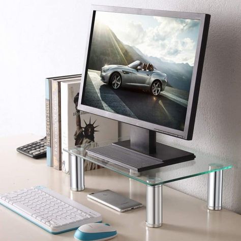 TAVR Clear Computer Glass Monitor Riser Stand Desktop Riser, Monitor Riser, Small Computer, Cool Desktop, Desktop Stand, Pc Monitor, Monitor Stand, Led Tv, Small Storage