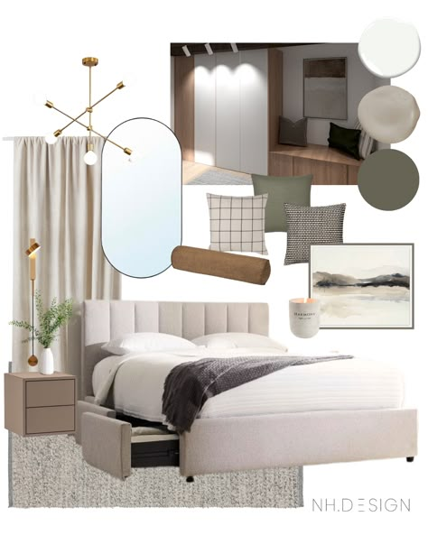 This modern and cozy bedroom concept is inspired by Studio McGee, modern organic and Scandifornian trends. Get in touch to design your dream bedroom together! Earth Modern Bedroom, Guest Bedroom Inspiration Modern, Small Bedroom Organic Modern, Contemporary Transitional Bedroom, Modern Organic Master Room, Moodboard Bedroom Interiors, Mood Boards For Bedrooms, Contemporary Bedroom Mood Board, Organic Morden Bedroom