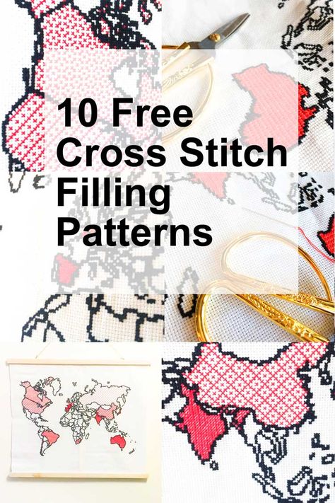 10 Beautiful and Easy filling patterns for cross stitch projects. Great for filling our world map cross stitch pattern, but you can also use it for many other projects.  #crossstitch #crossstitchpattern #free #borduren #puntodecruz #pointdecroix #pontecroce #kreuzstich Outline Cross Stitch, Filling Patterns, Subversive Cross Stitches, Cross Stitch Embroidery Patterns, Cross Stitch Cushion, Cross Stitch Border Pattern, Sashiko Pattern, Cross Stitch Tutorial, Free Cross Stitch Patterns