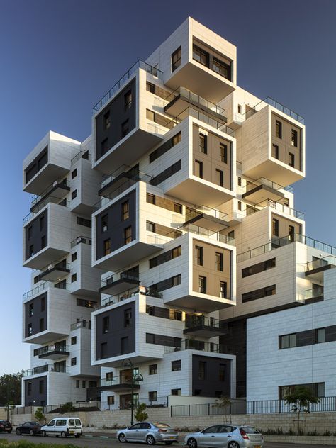 © Amit Geron Modern Architecture Building, Unusual Buildings, Container Architecture, Architecture Building Design, Apartment Architecture, Architecture Design Concept, Amazing Buildings, Unique Architecture, Facade Architecture