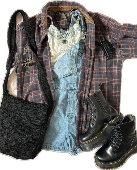 Flannel And Overalls, Cute Fall Outfits With Doc Martens, End Of Summer Beginning Of Fall Outfits, Shortalls Outfit Aesthetic, Overalls Outfit Concert, Mac Demarco Concert Outfit, Flannel And Overalls Outfit, Concert Outfit Ideas Noah Kahan, Fall Outfits With Doc Martens Boots