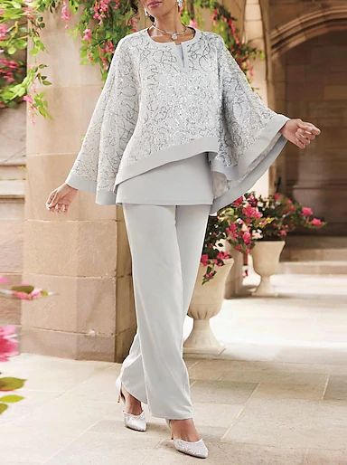 Jumpsuit / Pantsuit 3 Piece Mother of the Bride Dress Wedding Guest Elegant Jewel Neck Floor Length Chiffon Long Sleeve with Sequin 2024 2024 - AU $291.19 Brides Mom, Formal Wedding Guests, Lace Sleeveless Top, Jumpsuit Chic, Dressy Pants, Lace Top Long Sleeve, Beaded Applique, Three Piece Suit, Mother Of The Bride Dress