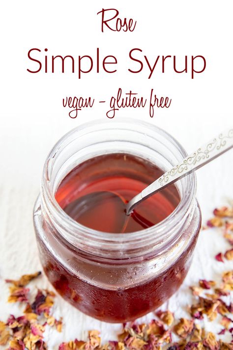 This easy Homemade Rose Simple Syrup is made in minutes with only three ingredients. It has a sweet floral flavor. Add it to drinks, desserts, and more. Rose Simple Syrup, Rose Syrup Recipe, Kid Drinks Recipes, Rose Syrup, Aphrodisiac Foods, Rose Simple, Easy Rose, Vegan French Toast, Simple Syrup Recipes