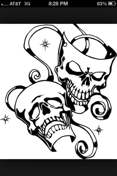 Comedy tragedy skulls Comedy Tragedy Tattoo, Comedy And Tragedy Tattoo, Carnaval Tattoo, Carrot Tattoo, Theater Mask Tattoo, Skull Drawing Tattoo, Comedy Tragedy Masks, Drama Masks, Skull Stencil