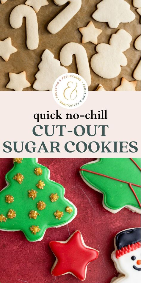 This quick cut out sugar cookie recipe is so easy and can be made in 30 minutes or less. These easy sugar cookies are sweet, crunchy, and require no chill time at all! Plus, they don't puff up or spread at all in the oven, they hold their shape perfectly - even on sharp edges. These are the perfect holiday cookies to decorate with royal icing or add to your cookie boxes! No Fail Sugar Cookie Cutouts, Best Sugar Cookie Recipe Cutout Without Almond Extract, Non Refrigerated Sugar Cookie Recipe, Recipe For Sugar Cookies To Decorate, Best Sugar Cookie Dough For Cutouts, No Freeze Sugar Cookies, No Chill Shortbread Cookies, Easiest Sugar Cookie Cut Out Recipe, Cookie Recipes For Royal Icing