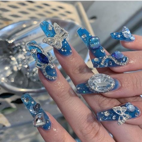 Blue Douyin Nails, Juicy Nails, Blue Long Nails, Nail Tet, Luna Wolf, Hippie Nails, Stylish Nails Designs, Grunge Nails, Girly Acrylic Nails