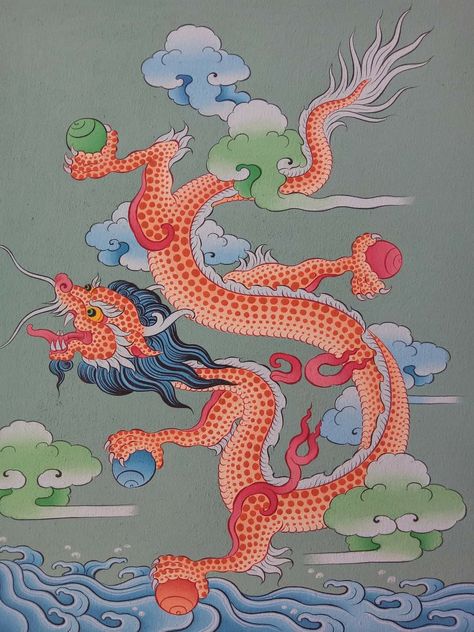 Tibetan Dragon, Vintage Asian Art, Chinese Dragon Art, Tibetan Art, Korean Art, Tibetan Buddhism, Glitch Art, Chinese Dragon, Dragon Art