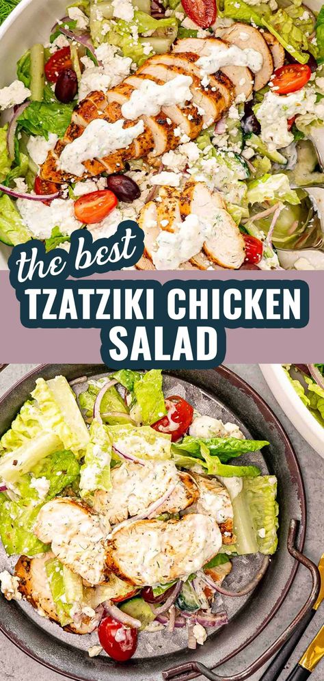 Whip up this easy and refreshing Tzatziki Chicken Salad for a taste of the Mediterranean! Perfect for a light lunch or dinner. #ChickenSalad #MediterraneanDish Easy Greek Tzatziki Chicken Salad, Mediterranean Salad With Chicken, Tzatziki Chicken Salad Recipe, Mediterranean Chicken Salad Recipes, Taziki Chicken Salad, Taziki Salad, Light Chicken Dinner Recipes, Dinner Salads Recipes Main Courses, Easy Light Dinner Recipes