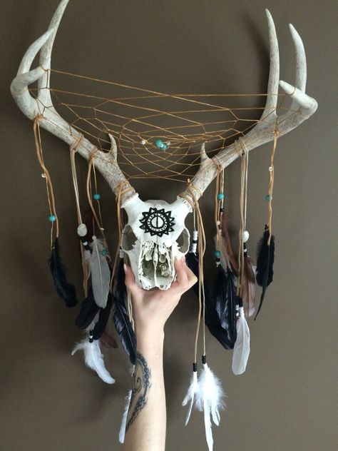 Antler Dreamcatcher, Antler Dream Catcher, Deer Skull Decor, Painted Deer Skulls, Deer Skull Art, Antler Projects, Antler Ideas, Deer Antler Decor, Antler Crafts