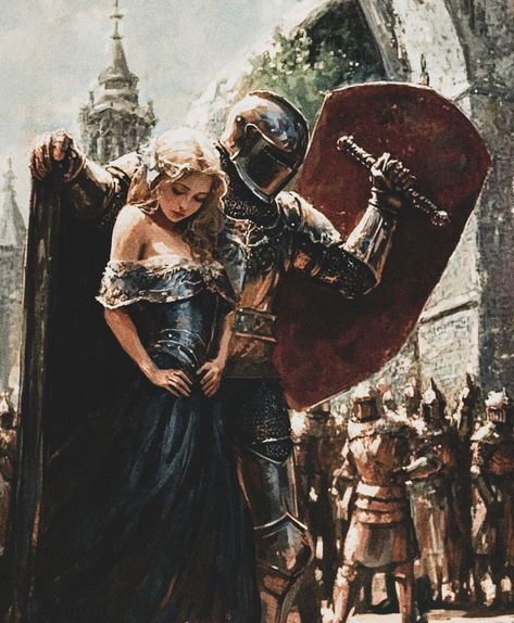 Knight And Princess Painting, Knight Protecting Princess Art, Medieval Princess Painting, Matching Knight Pfp, Female Knight Painting, Knight And Lady Art, Knight And Witch Couple, Princess Knight Aesthetic, Princess And Bodyguard Aesthetic