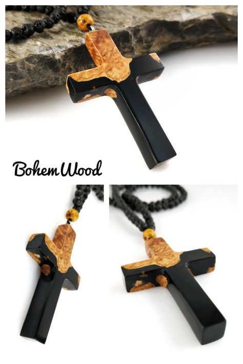 Beaded Cross Necklace, Resin Cross, Rosary Cross, Wood Resin Necklace, Rustic Cross, Mens Cross Necklace, Wood And Black, Wood Resin Jewelry, Cross Art