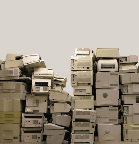 E-waste. Stack of old and obsolete printers ready for recycling or disposal , #AD, #obsolete, #Stack, #waste, #printers, #disposal #ad Printer Aesthetic, Computer Aesthetic, Office Photography, Electronic Waste, Old Office, Retro Computer, Retro Radios, E Waste, Old Technology