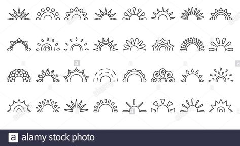 Download this stock vector: Black line half sun icon set. Logo blank frame for tattoo. Simple outline different shape. Design logotype element sunlight symbol morning, weather for web or app Isolated on white vector illustration - 2BG59BM from Alamy's library of millions of high resolution stock photos, illustrations and vectors. Sun And Waves Tattoo Simple, Rainbow Outline Tattoo, Sun Doodle Simple, Half Sun Tattoo Simple, Half Sun Tattoo, Sun Rays Tattoo, Morning Weather, Sun Outline, Sun Symbols