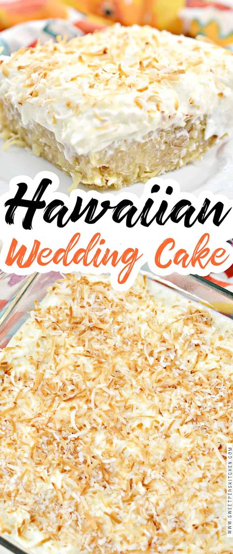 Hawaiian Wedding Cake Hawaiian Cake Recipe, Hawaiian Cake Ideas, Hawaiian Wedding Cake Recipe, Pineapple Wedding Cake, Hawaiian Dream Cake, Hawaiian Cakes, Hawaiian Dessert Recipes, Cookie Crafts, Hawaii Wedding Cake