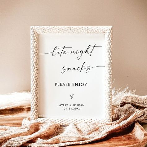 $11.4 | Minimalist Wedding Late Night Snacks Sign - modern minimalist, boho wedding signage, minimalist, modern, simple, boho, late night snacks, snack bar, snacks sign, wedding snacks sign Wedding Late Night Snacks, Snacks Sign, Simplistic Wedding, Wedding Snacks, Late Night Snacks, Wedding Posters, Night Snacks, Kids Nursery Decor, Free Birthday Invitations