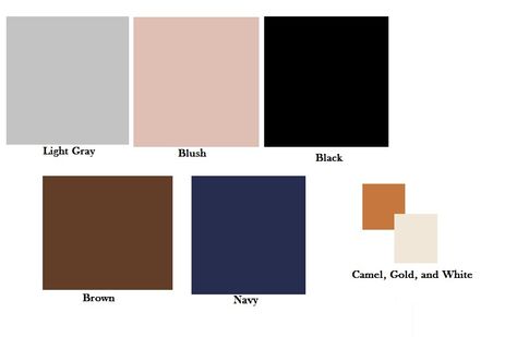 My colors for my custom capsule wardrobe. Blush pink, light grey, black, brown, and navy blue with accessories in gold and camel brown. Grey Comforter Bedroom, Camel Color Palette, Blush Pink Palette, Light Brown Bedrooms, Den Furniture Layout, Light Spring Color Palette, Grey Comforter, Farmhouse Glam, House Color Palettes