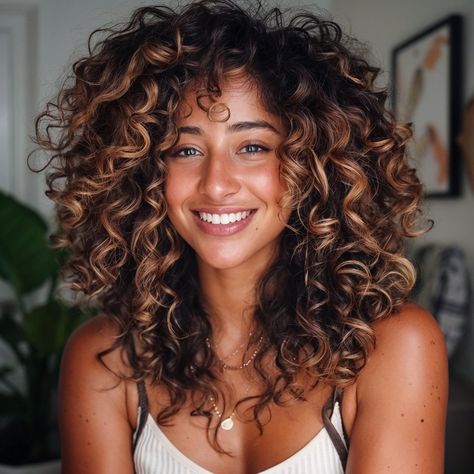 Curly Natural Highlights, Curly Hair With Babylights, Curly Highlights Brown Hair, Curls Highlights Brunettes Curly Hair, Dark Hair Highlights Curly, Mixed Curly Hair Color Ideas, Curly Summer Hair Color, Curly Dimensional Brunette, Highlights Natural Curly Hair