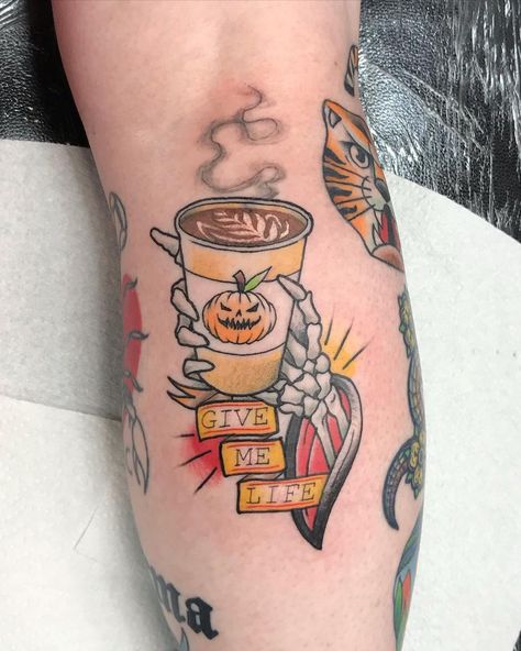 Ghost Teacup Tattoo, Halloween Coffee Tattoo, Halloween Cookie Tattoo, Coffee Flash Tattoo, Pumpkin Spice Tattoo, Traditional Coffee Tattoo, Latte Tattoo, Cozy Tattoo, Coffee Tattoo Ideas