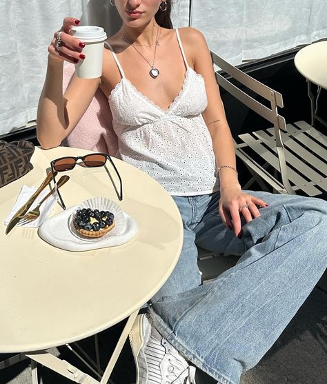 sometimes all you need is coffee, flowers, and a good pair of jeans 🥰 @nilsani Linen Cami Top, Jeans White Sneakers, Linen Cami, Cami Outfit, Spring Ootd, Abercrombie Girls, I'm Broke, Ootd Inspo, Euro Summer