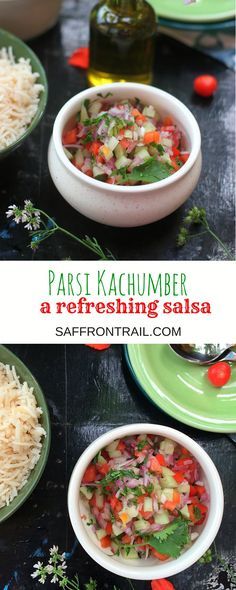 Kachumber is a quintessentially Parsi salad or salsa that is served along with a main dish like dhansak and rice. A super refreshing condiment that goes well with any Indian meal Indian Salsa Recipe, Kachumber Salad, Indian Salads, Indian Meal, Vegetarian Indian, Pakistani Food, Cuisine Recipes, Indian Cooking, Cooking Inspiration