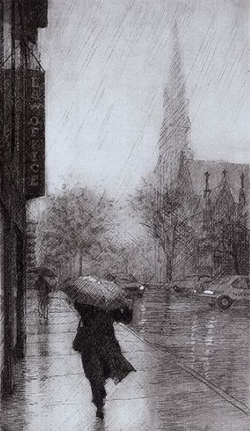 September Rain Raining Drawing, Man In Rain, How To Draw Rain, September Rain, Rain Drawing, Rain Illustration, Intaglio Printmaking, Dry Point, Landscape Pencil Drawings