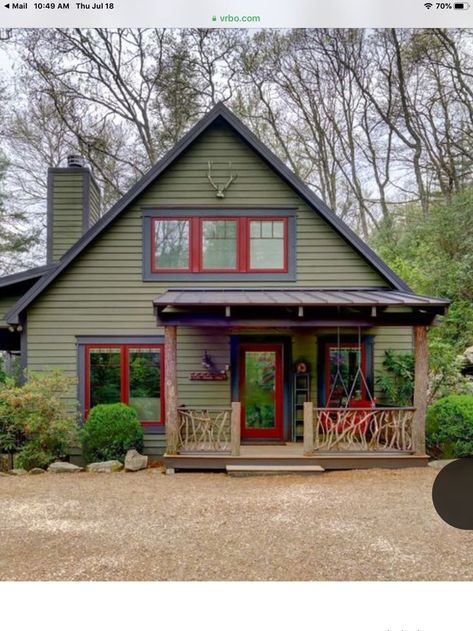 Green House Red Trim Exterior Paint, Red And Green House Exterior, Siding Ideas Exterior Craftsman Style, Small Cabin Exterior Colors, Green Cabin Exterior Color Schemes, Rustic Cabin Exterior Color Schemes, Cabin Aesthetic Exterior, Wooden House Colors Exterior, Cabin Exterior Color Schemes