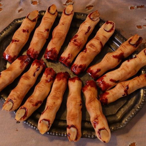 Severed Finger Cookies - The Domestic Geek Halloween Cookie Fingers, Severed Finger Cookies, Finger Deserts, Severed Finger, Easy Baked Apples, Domestic Geek, Finger Cookies, Halloween Tricks, Butter Pecan Cookies