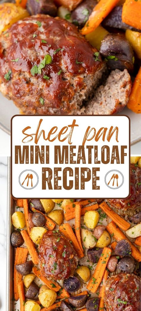 Ground Turkey Sheet Pan Dinner, Sheet Pan Roasted Carrots, Sheet Pan Mini Meatloaf With Vegetables, One Pan Meatloaf And Potatoes, Meatloaf Sheetpan Dinner, One Pan Dinners Hamburger Meat, 1 Pan Low Carb Meals, Mini Meatloaf Recipes Sheet Pan, Meatloaf And Sweet Potatoes