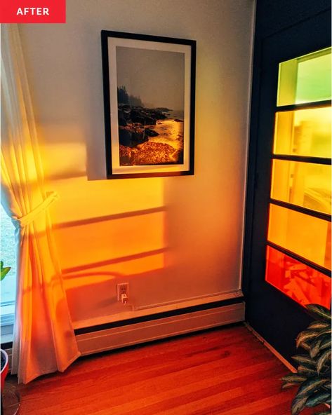 A Faux Stained Glass Window Gets A Dreamy $115 Makeover | Apartment Therapy Faux Stained Glass Window, Flat Design Ideas, Diy Stained Glass Window, Window Stained, Faux Window, Modern Stained Glass, Living Room Door, Stained Glass Diy, Glass Front Door