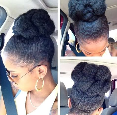 high bun updo hairstyle for black women Cabello Afro Natural, Hair In A Bun, Marley Hair, Bun Updo, Pelo Afro, Peinados Recogidos, Hair Buns, Hair Cute, Natural Hair Updo